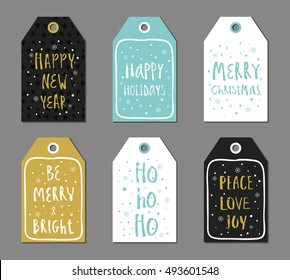 Christmas gift tags set. Vector illustration. Creative Hand Drawn textures for winter holidays. Black, gold and blue. For greetings, congratulations, invitations.