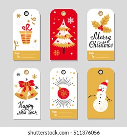 Christmas gift tags set. Vector collection of doodle winter holidays labels.