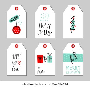 Christmas gift tags set. Vector illustration. Creative Hand Drawn textures for winter holidays.