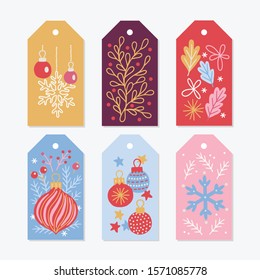 Christmas Gift Tags with snowflakes, balls, leaves, fir branch, berries, bauble, stars, bows in Red, Gold, Bordo, Pink, Blue and White. Perfect for winter holidays and New Year greetings