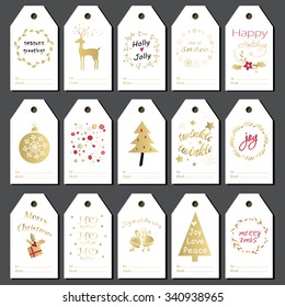 Christmas gift tags, stickers and labels. Hand drawn design for winter holidays. 