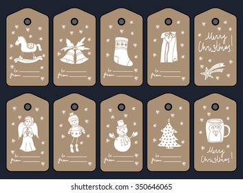 CHRISTMAS GIFT TAGS, STICKERS AND LABELS. Template for Greeting Scrap booking, Congratulations, Invitations. Hand drawn. Vector eps8
