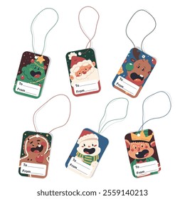 Christmas gift tags with strings vector cartoon set isolated on a white background.