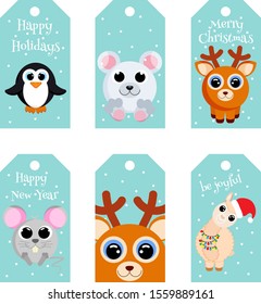 Christmas gift tags template set. Christmas tags with cute animals and with lettering.