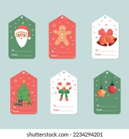 Juego de plantillas de etiquetas de regalo de Navidad. Diseño de etiquetas de etiquetas de etiquetas de etiquetas de carta o caja de navidad imprimible vectorial. Santa, campanas, cono de caramelo, árbol de navidad, adornos de navidad y insignias o tarjetas de caracteres galletas
