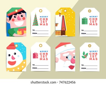 Christmas gift tags template set. Vector printable xmas box or letter labels design. Santa, reindeer, snowman and elf characters badges or cards.