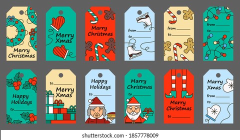 Christmas gift tags, vector flat New Years illustrations and congratulations. Christmas tags with typography, cute collection.  Labels, Santa, elf, lollipops, gingerbread man, ice skates, tree