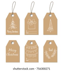 Christmas Gift Tags. Vector Hand Drawn Craft Labels