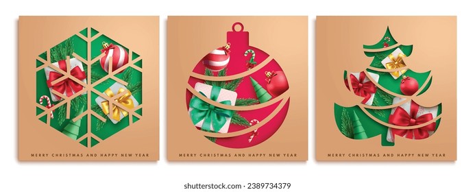 Christmas gift tags vector poster set design. Merry christmas and happy new year greeting cards in brown color lay out collection xmas poster. Vector illustration tags and sticker in paper cut 