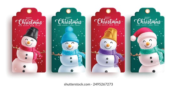 Christmas gift tags vector set design. Merry christmas greeting text with snowman cute characters for gift tags and card lay out collection. Vector illustration snowman characters set.