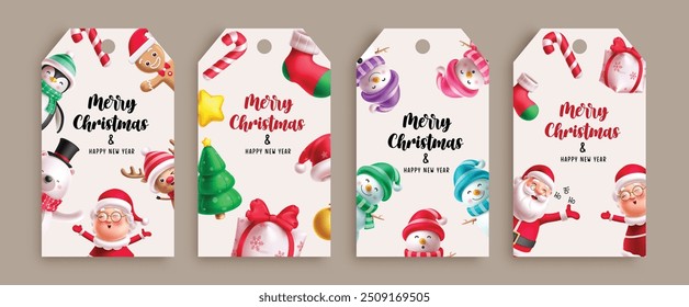 Christmas gift tags vector set design. Merry christmas greeting text with characters santa claus, mrs claus, snowman and candy cane decoration elements. Vector illustration season cards collection. 
