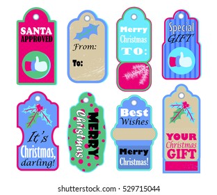 Christmas gift tags vector set on white background. Colorful seasonal icons for sale or discount offer. Merry Christmas and Best wishes labels for present wrapping. Santa Claus thumb. New Year decor