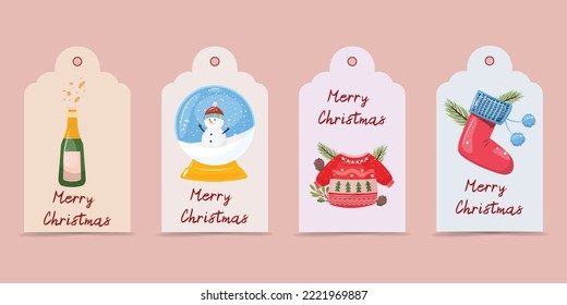 Christmas gift tags with winter holiday items. Champagne, sweater, snowman and sock.