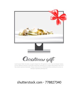 Christmas Gift Template Banner Computer Monitor Discounts On Electronics Concept Holiday Sale And Shopping Vector Illustration