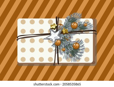 Christmas gift tied with a string with fir branches and Christmas tree decorations balls and stars on a striped background. Vector illustration postcard.