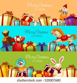 Christmas gift and toy banner set. Present boxes with bow and ribbon, santa bag with candy cane, plush bear and rabbit, snow globe, rocking horse and clown with bell. Xmas and New Year theme design