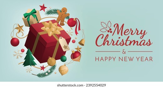 Christmas gift and traditional ornaments, banner with copy space