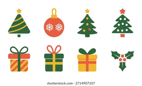 Regalo de Navidad e iconos de árbol Flat Festiva Decoration Set