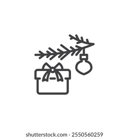 Christmas gift and tree line icon. linear style sign for mobile concept and web design. Wrapped Presents under the Christmas tree outline vector icon. Symbol, logo illustration. Vector graphics