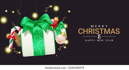 Christmas gift vector design. Merry christmas and happy new year greeting text with hanging gift box, xmas balls and candy cane ornaments. Vector illustration holiday season card decoration. 
