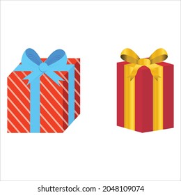 Diseño vectorial de regalo de Navidad en fondo blanco. Diseño de caja con papel de envoltura de color rojo oscuro y también con cinta de color azul y dorado. Diseño de regalo para cumpleaños o diseño de eventos navideños.