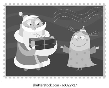 The Christmas gift - vector (EPS 10), black and white version resembling postage stamp