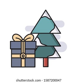Christmas gift vector flat color line icon 