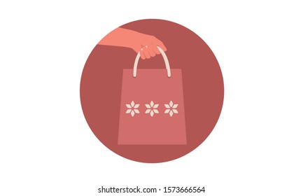 Christmas gift vector illustration. Flat design - hand holding red gift wrap bag decorated with snowflakes. New year, Xmas, holiday season concept.