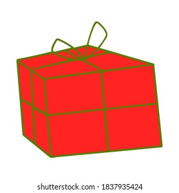 Christmas Gift vector isolated on white background. Holiday red box surprise with green bow and ribbon. Xmas present in cartoon style.