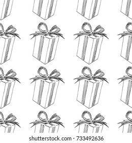 Christmas gift. Vector seamless pattern with New Year symbols. Vintage hand drawn box with bow in sketch style. Winter holiday texture.