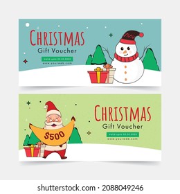 Christmas Gift Voucher Banner Layout With Cute Santa Claus, Snowman, Gift Boxes And Xmas Tree In Two Color Options.