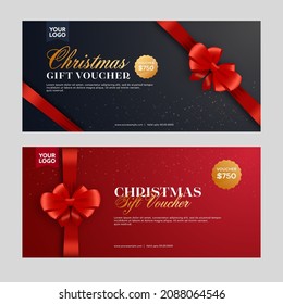 Christmas Gift Voucher Banner Layout Closed With Bow Ribbon In Black And Red Color Options.
