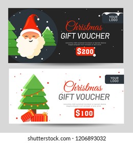 Christmas Gift Voucher with best discount value, Santa Claus and xmas tree for Festival celebration.