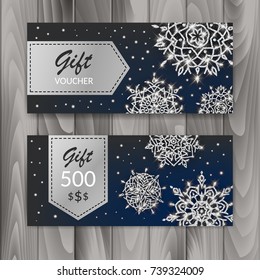 Christmas Gift Voucher Card Set. Template with shiny snowflakes. Vector illustration