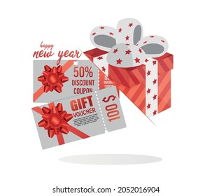 Christmas gift voucher card template vector illustration. discount coupon code promotion. Happy holiday and new year concept.