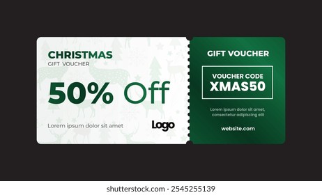 Christmas gift voucher card template vector illustration. 50% off sale coupon code promotion. Christmas gift card voucher design for business. Elegant template for a festive gift card.