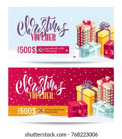 Christmas Gift Voucher Coupon discount. Gift certificate template for Merry Christmas. Shopping concept.  Vector illustration