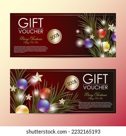 Christmas gift voucher design on branch and ball for coupon or card sale promotion background template.