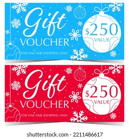 Christmas gift voucher or New Year gift certificate for winter sale and discount shopping season. Horizontal vector illustration of gift coupon with white Christmas ball on blue or red background.
