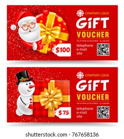 Christmas gift - voucher for shopping. Horizontal leaflet template. Easy to use and customize. Santa Claus, snowman and gift box in beautiful package with gorgeous bow. Vector illustration. 