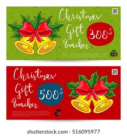 Christmas gift voucher template. Gift coupon with Xmas attributes and prepaid sum. Christmas bells with holly leaves and ribbon bow cartoon vectors. Merry Christmas and Happy New Year greeting card