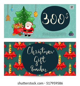 Christmas gift voucher template. Gift coupon with Xmas attributes and prepaid sum. Santa, gifts, christmas tree, gingerbread cookie cartoon vectors. Merry Christmas and Happy New Year greeting card