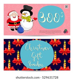 Christmas gift voucher template. Gift coupon with Xmas attributes and prepaid sum. Cute snowman, wrapped gifts, christmas tree toys cartoon vectors. Merry Christmas and Happy New Year greeting card