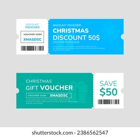 Christmas gift voucher template. Gift discount coupon design for holiday and seasonal sale cards. Vector illustration