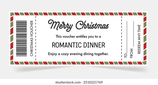 Christmas gift voucher template. Christmas voucher for Romantic dinner. Ideas of Christmas gift. Gift coupon, voucher for friends, family, love ones. For restaurants, cafes winter holiday promo.