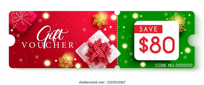 Christmas gift voucher vector design. Christmas gift voucher save $80 text with gifts and snowflakes element for holiday season certificate discount. Vector illustration.
