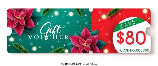 Diseño vectorial de vales de regalo de Navidad. Cupón de cupón de vales de regalo de Navidad con elementos de texto de $80 ahorrados y elementos de poinsettia para el descuento de promoción de temporada de vacaciones. Ilustración vectorial.
