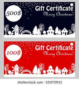 Christmas gift voucher with vintage landscape pattern. Card with hand drawn winter forest and village.
