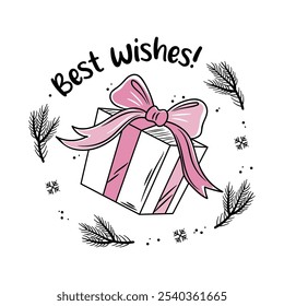 Christmas gift. Winter holiday label. Inscription - Best wishes! Vector New Year greeting card template in doodle style.