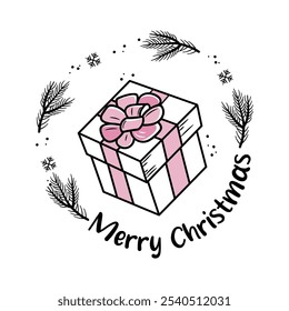 Christmas gift. Winter holiday label. Inscription - Merry Christmas. Vector New Year greeting card template in doodle style.